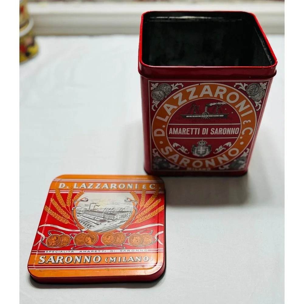 Lazzaroni Saronno Biscuit Tin Vintage Red Orange Fair Italian Amaretti Decor